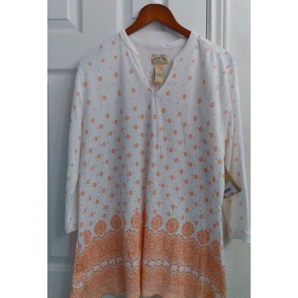 Boho Floral Border Print‎ Tunic Top White Peach 3/4 Sleeve V-Neck Summer Casual